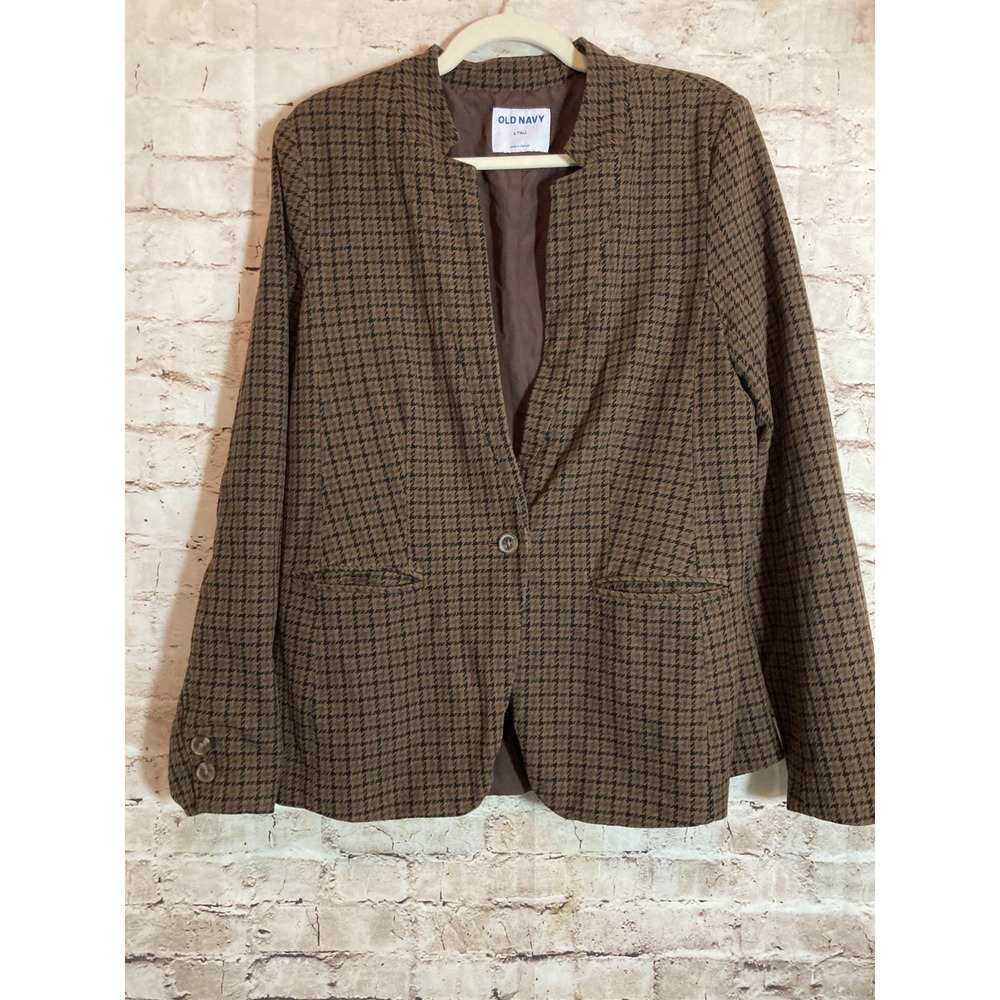 Old Navy Blazer Large Tall Brown Houndstooth Print One Button Preppy Academia